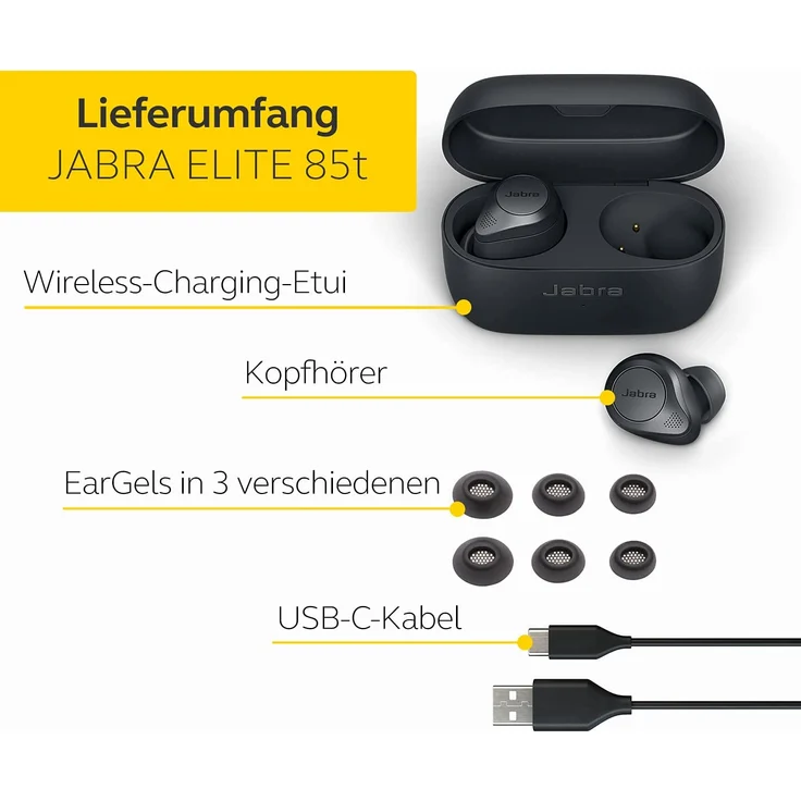 Jabra Elite 85t Wireless In-Ear Kopfhörer, mit Bluetooth, Mikrofon, Noise Cancelling, spritzwassergeschützt, grau – Bild 3