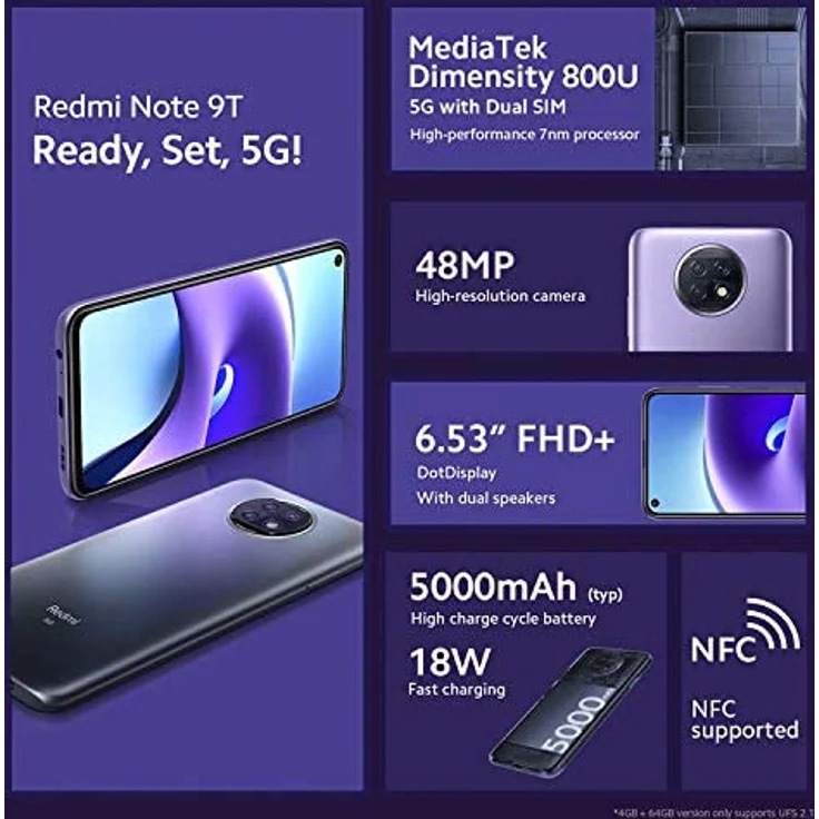 Xiaomi Redmi Note 9T 5G Smartphone 16,59cm (6,53 Zoll) LCD-Display, 64GB interner Speicher, 4GB RAM, Dual-SIM, Android, Nightfall Black – Bild 4