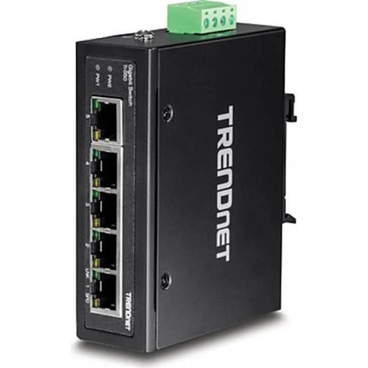 TRENDnet 5-Port-gehärteter industrieller Gigabit-DIN-Schienen-Switch, TI-G50, 10-Gbit - s-Switching-Kapazität, Gigabit-Netzwerk-Switch mit Schutzart IP30, DIN-Schienen- und Wandhalterung inklusive