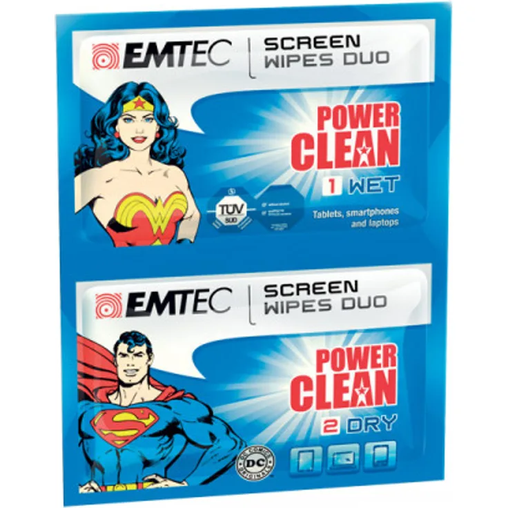 Emtec ECCLWIPEDUO Duo Wipes Superman und Wonder Woman Bildschirmreinigungstuch (feucht-trocken)