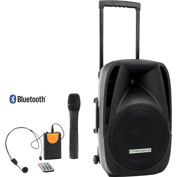 Pronomic PH12AW Akku-Aktivbox 12'' (Trolley Box, 12'' Speaker, 80 Watt (RMS), 5 Stunden Laufzeit, Bluetooth, MP3-SD-USB-Player, inkl. Funkmikrofon, Headset, Fernbedienung)