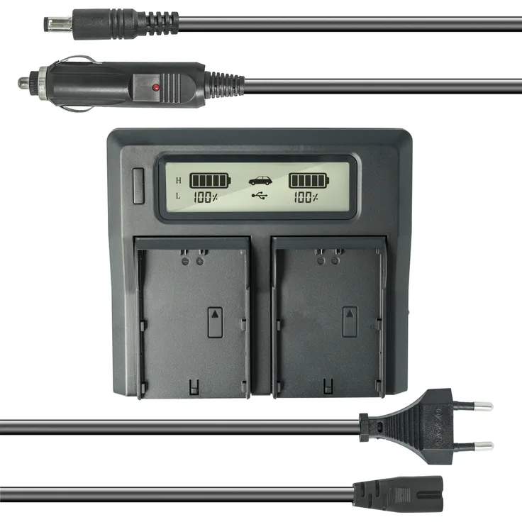 Dual Akku-Ladegerät kompatibel mit Canon NB-7L - mit USB-Anschluss, LCD-Display und Kfz-Ladekabel - Schnellladegerät