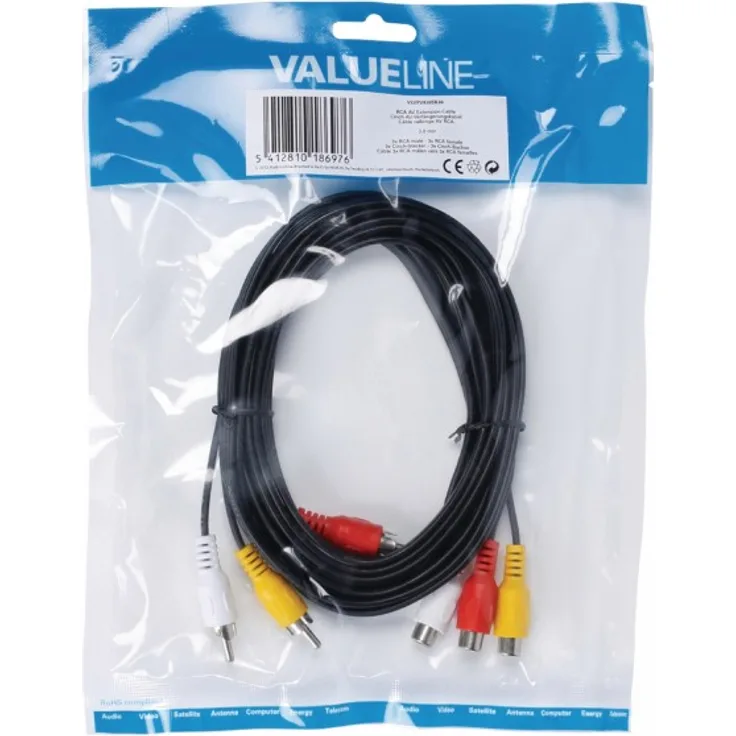 Valueline Cinch AV-Verlängerungskabel, 3X Stecker auf 3X Buchse (3m) schwarz