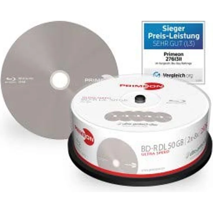 Primeon 2761318 BD-R DL 50GB-2-8x Cakebox (25 Disc), Ultra-Protect-disc Surface Silber