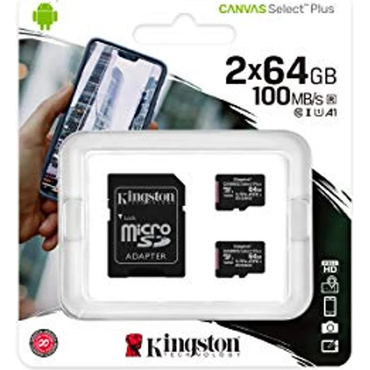 Kingston Canvas Select Plus microSD Speicherkarte, SDCS2-64GB-2P1A Class 10 (2x Karte,inkl. SD Adapter) – Bild 1