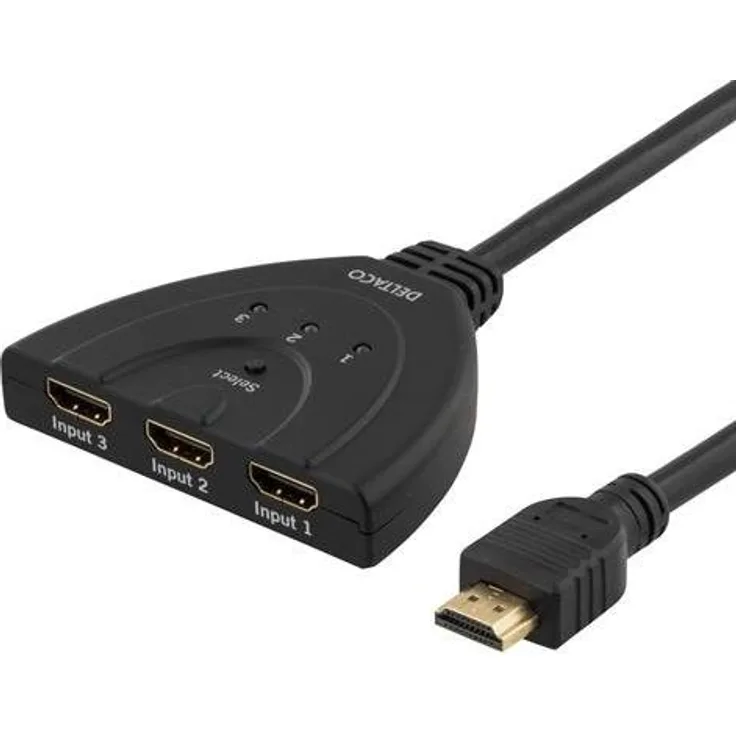 Deltaco HDMI-7001 HDMI-Pigtail-Schalter, Auto/Manueller HDMI-Schalter, Drei zu Eins schwarz