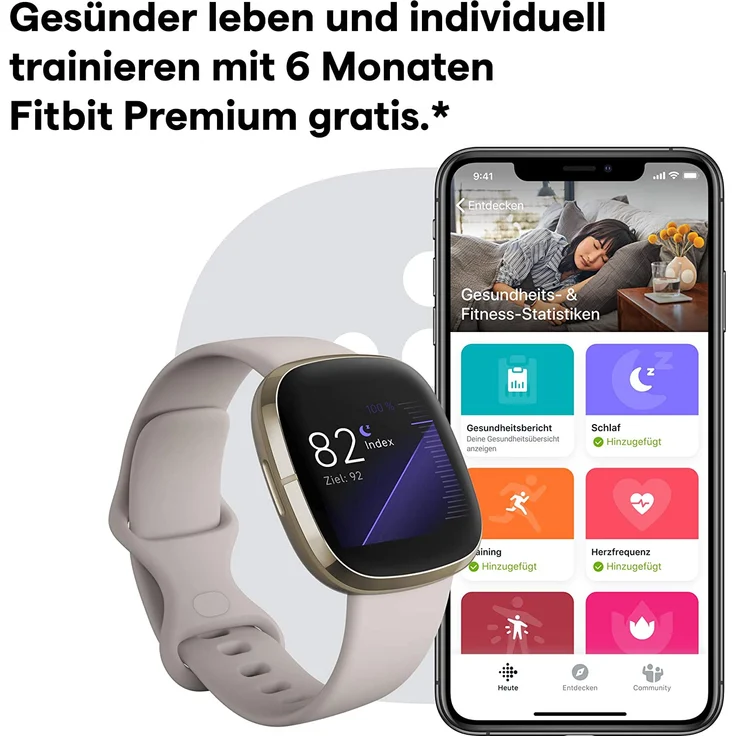 Fitbit Sense Smartwatch GPS, Unisex, S/L, Edelstahlgehäuse, Softgold/Mondweiß – Bild 14