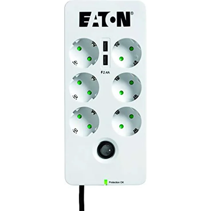 Eaton Protection Box 6 USB DIN - Steckdosenleiste mit Überspannungsschutz (6-Fach Schuko Buchse, schaltbar, USB-Ausgänge) - weiß