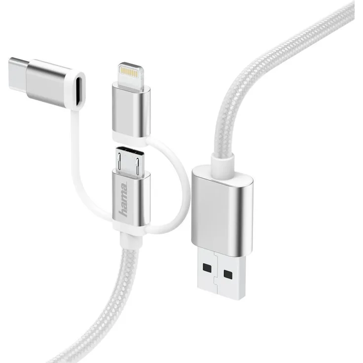 Hama 3in1-Micro-USB-Kabel mit Adapter auf USB-Type-C u. Lightning, 0,2m, Weiß (00183306)