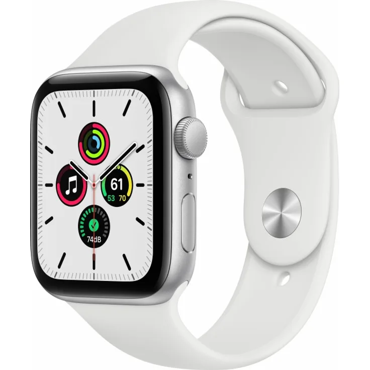 Apple Watch SE 2020 (1. Generation) Smartwatch GPS, 44mm, Aluminiumgehäuse Silber, Sportarmband Weiß