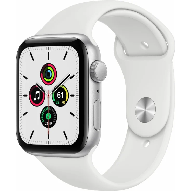 Apple Watch SE 2020 (1. Generation) Smartwatch GPS, 44mm, Aluminiumgehäuse Silber, Sportarmband Weiß – Bild 1