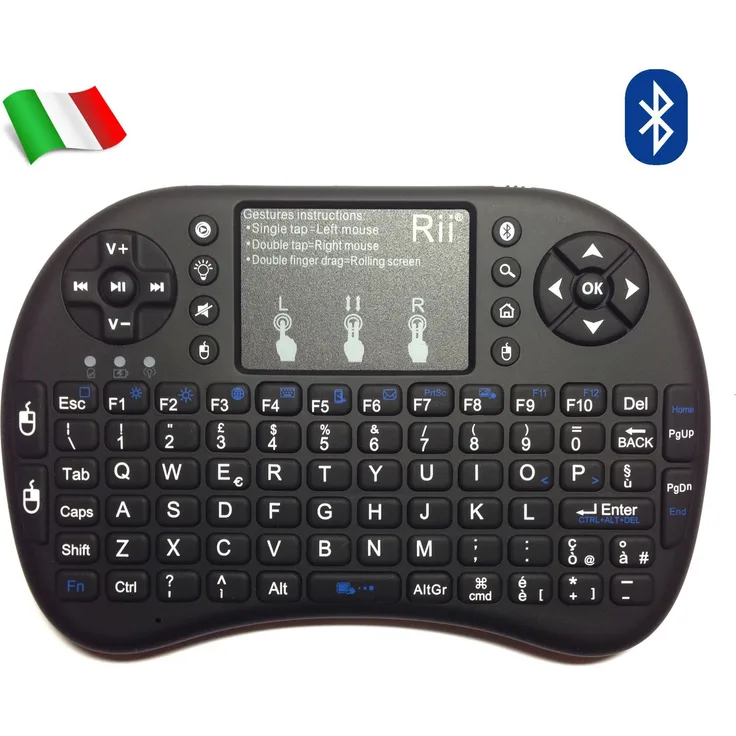 Rii Mini i8 + Wireless (Italienisches Layout QWERTY) Mini Beleuchtete Tastatur mit Maus Touchpad für Smart TV, Mini PC, HTPC, Konsole, Computer i8+ Bluetooth (NERO)