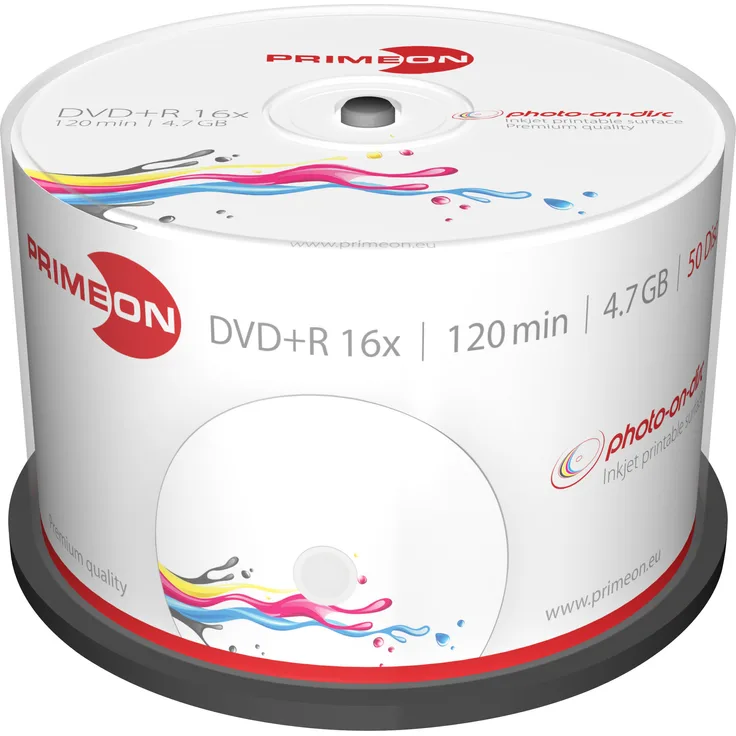 PRIMEON DVD+R 4.7GB-120Min-16x Cakebox (50 Disc), photo-on-disc Surface, Inkjet Fullsize Printable