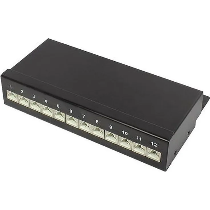 Good Connections Desktop Patch Panel Cat. 6A (12-Port) - geschirmt, STP, Geeignet für 10 Gigabit-s Ethernet - bis 500 MHz - LSA Leisten farbcodiert nach EIA-TIA 568A+B- tiefschwarz RAL9005