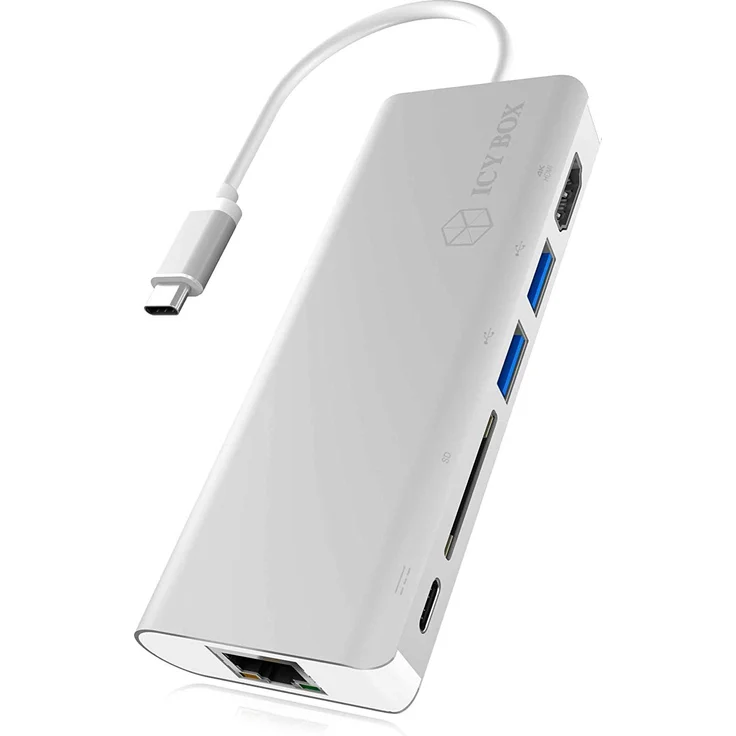 ICY BOX USB-C Adapter für Notebooks und Tablets mit HDMI, 2x USB 3.0, Power Delivery, Kartenleser, LAN, Aluminium, USB-C Hub, USB-C Dock – Bild 5