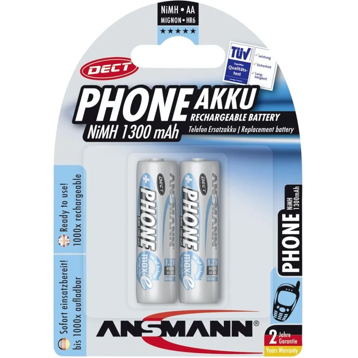 ANSMANN Akku AA Mignon 1300 mAh 1,2V NiMH für Schnurlostelefon 2 Stück - Wiederaufladbare Batterien mit geringer Selbstentladung maxE - Akkus ideal für DECT Telefon schnurlos - Rechargeable Battery – Bild 1