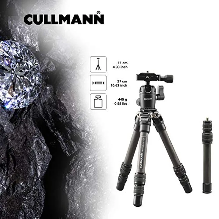 Cullmann CARVAO 816TCS Reisestativ aus Carbon (max. 70, 5cm Auszugshöhe, Packmaß 27cm, Tragfähigkeit 4kg, Gewicht 445g)