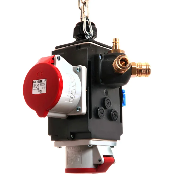 as - Schwabe MIXO Energiewürfel VI+ – Hänge-Verteiler mit 1 Schuko-Steckdose, 2 E-Steckdosen 5-polig & Druckluftanschluss inkl. Sicherung – IP44 – Made in EU – Schwarz I 60751