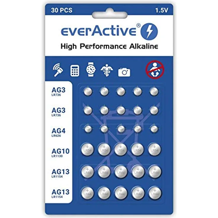 everActive Set 10x AG3, 5X AG4, 5X AG 10, 10x AG13 1.5V, 30 x Batterien, Knopfbatterien, Alkaline, Mini, 3 Jahre Haltbarkeit, 30 Stück – 1 Blisterkarte