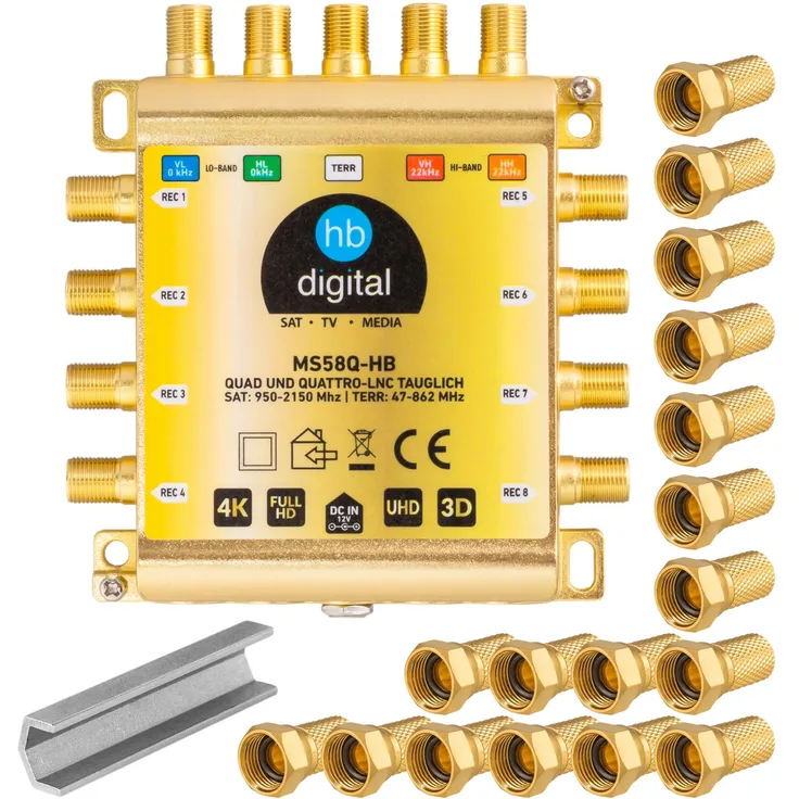 HB-DIGITAL SET MS58Q-HB Multischalter mit Netzteil + F-Stecker vergoldet + F-Montageschlüssel