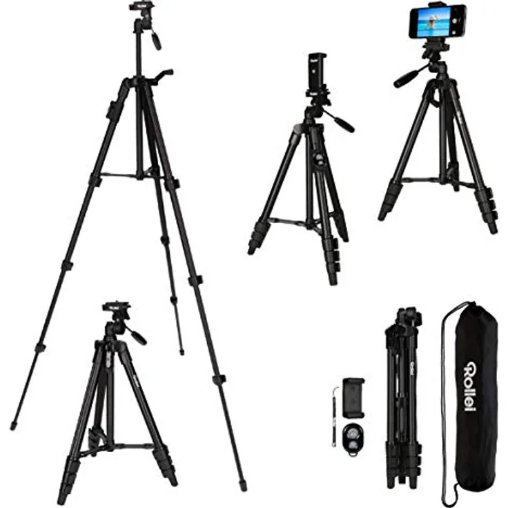 Rollei Smartphone Stativ Traveler I Ultra-leichtes Videotativ I bis 2kg Traglast I inkl. Stativkopf I Stativtasche I Bluetooth-Fernauslöser I Schwarz