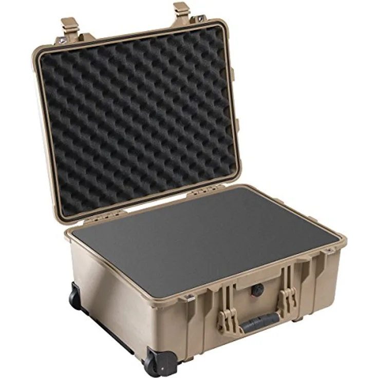 PELI 1560 Langer Schutzkoffer mit Rollen und Einziehbarem Teleskopgriff, IP67 Wasser- und Staubdicht, 44L Volumen, Hergestellt in Deutschland, Mit Schaumstoffeinlage (Anpassbar), Desert Tan (Sand)