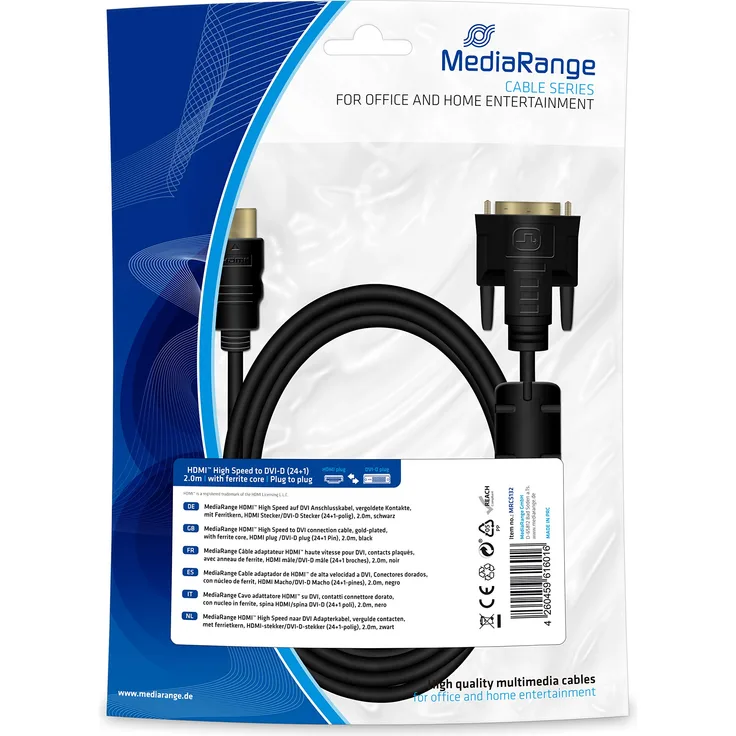 MediaRange HDMI auf DVI Anschlusskabel, vergoldete Kontakte, mit Ferritkern, HDMI Stecker-DVI-D Stecker (24+1-polig), 2.0m, schwarz