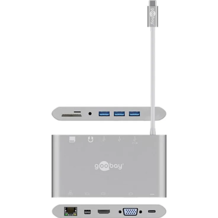 Goobay 62113 USB-C Multiport-Adapter All in 1 Aluminium, Silber, Erweitert ein USB-C Gerät um Einen Ethernet, Einen HDMI, Einen VGA-, Einen Mini DisplayPort, 3 USB-A 3.0- Anschlüsse
