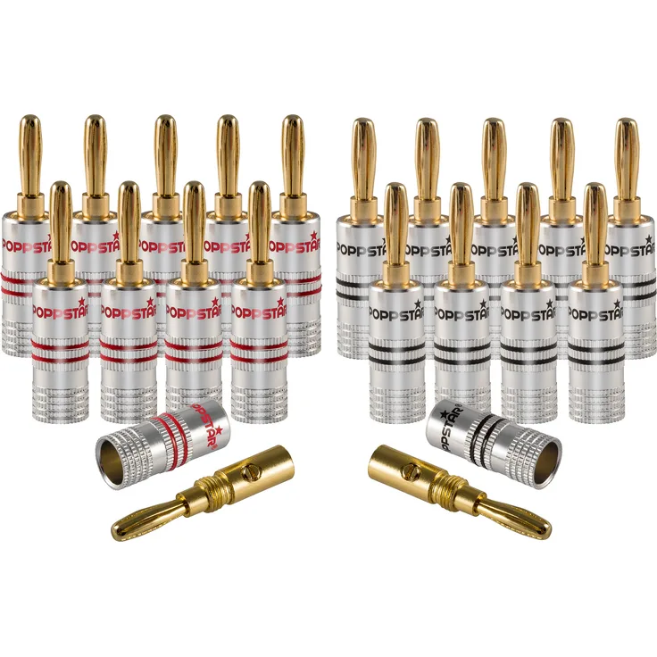 Poppstar 20x High End Bananenstecker, Bananas für Lautsprecherkabel (bis 6 mm²), Lautsprecher, AV Receiver, 24k vergoldete Kontakte (10x schwarz, 10x rot)
