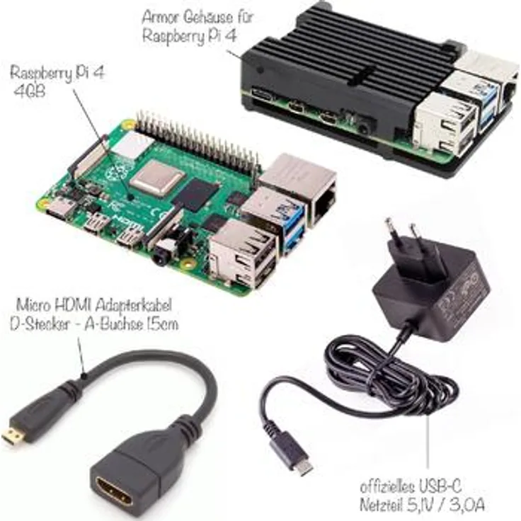 Raspberry Pi 4 Computer Modell B, 4GB Light Starter Set inkl. Netzteil, HDMI-Adapter,