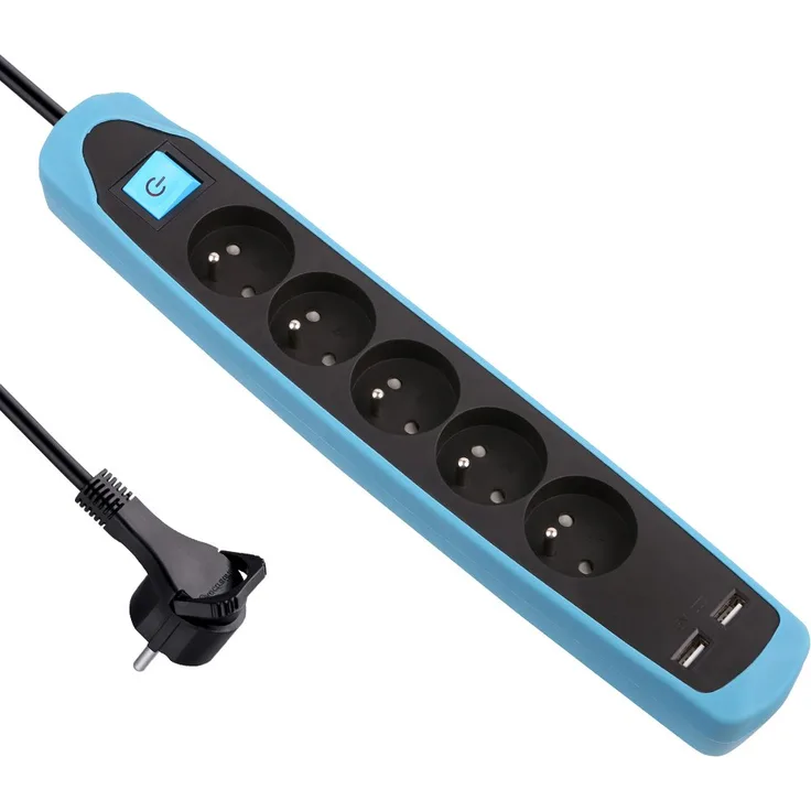 Electraline 35617 Steckdosenleiste mit 5 Steckdosen und 2 USB Decke Silikon Schutz gegen Auswirkungen, blau, 2 m