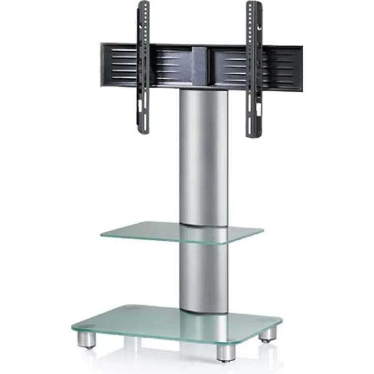 VCM TV-Standfuß LED Halterung Ständer Fernseh Standfuss Alu Glas Universal Silber VESA Mobil Rollen Tosal Zwischenboden