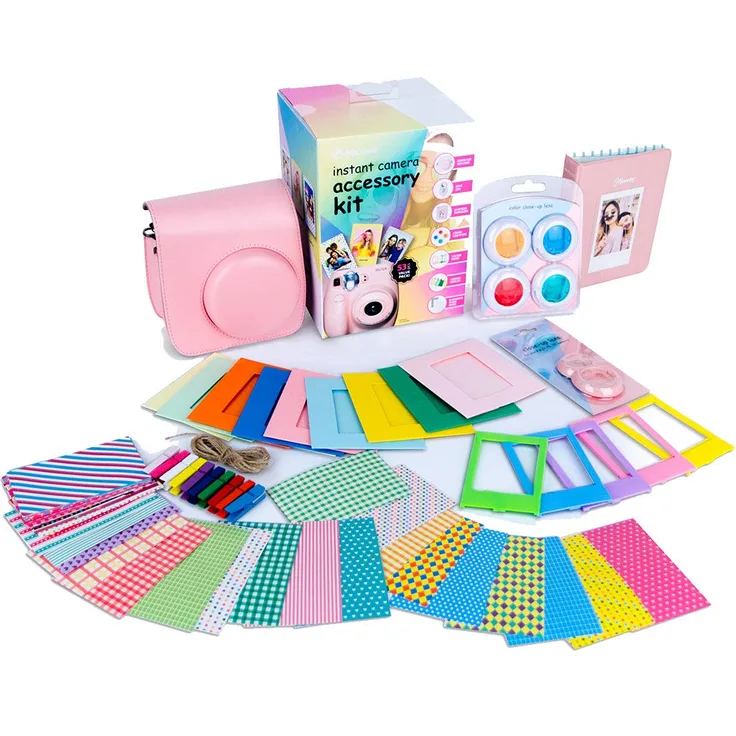 digipower 53-teiliges Zubehör-Set für Sofortbildkamera Fujifilm Instax Mini 9/8/8+/7s mit Kameratasche, Selfie-Linse, Fotoalbum, 4 Farbfilter, Bilderrahmen, Hängebilderrahmen & Folienaufkleber, rosa