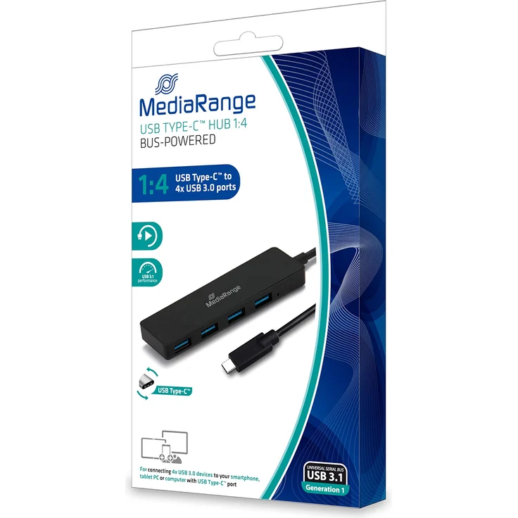 MediaRange USB Type-C auf USB 3.0 Verteiler 1:4, Bus-Powered, schwarz – Bild 1