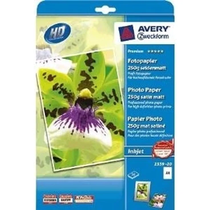 AVERY Zweckform 2559-20 Premium Inkjet Fotopapier (A4, einseitig beschichtet, seidenmatt, 250 g-m², 20 Blatt)