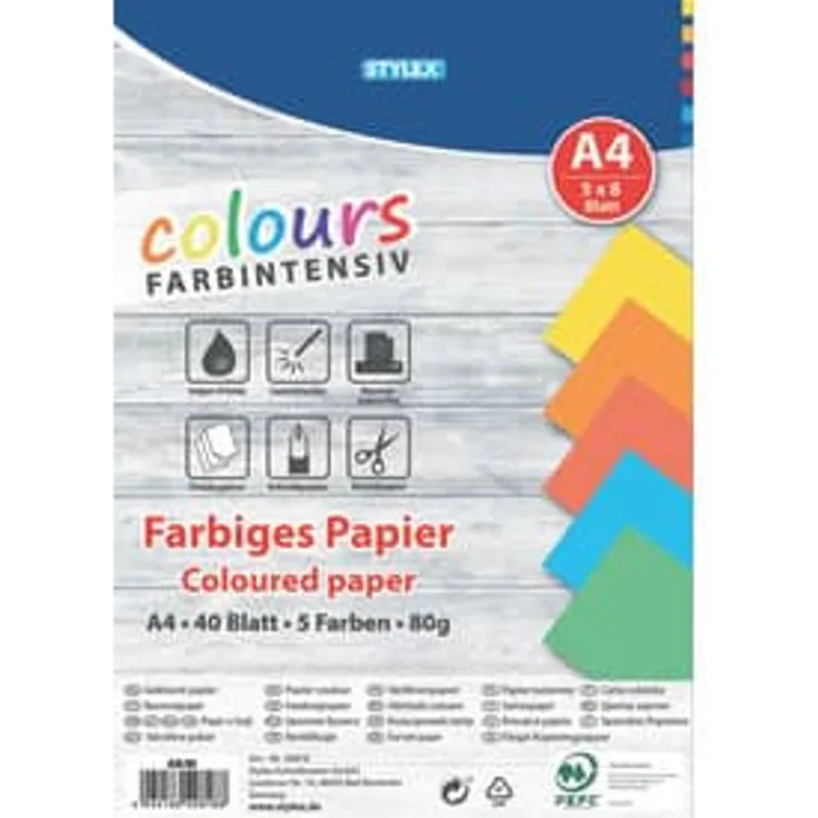 Stylex 40818 - Farbiges Papier, DIN A4, 80 g-m², 40 Blatt in 5 intensiven Farben sortiert, geeignet für Inkjetdrucker, Laserdrucker, als Schreibpapier und zum Basteln