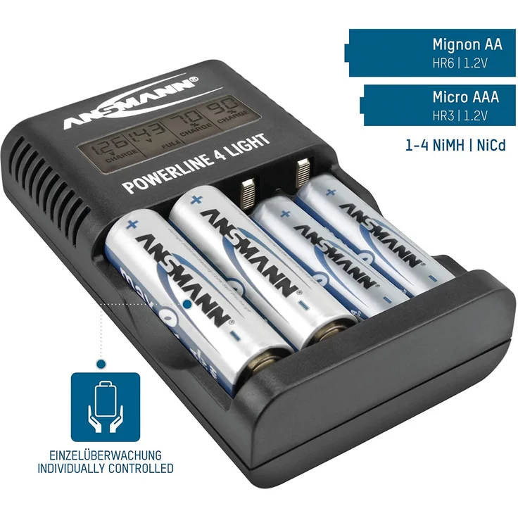 ANSMANN Akku-Ladegerät für 4x AA & AAA NiMH Akkus - Batterieladegerät mit Einzelschachtüberwachung, automatische Abschaltung, Erhaltungsladung, LCD-Display & USB Lader - Powerline 4 Light – Bild 2