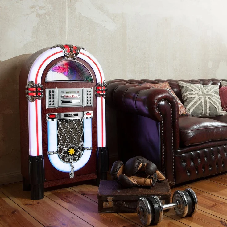 auna Graceland TT - Jukebox, Retro Musikbox, Bluetooth, Plattenspieler, MP3-fähiger CD-Player, USB-Port, SD-Karten Slot, Aufnahmefunktion, AUX-Eingang, UKW Radio, LED-Beleuchtung, braun – Bild 2
