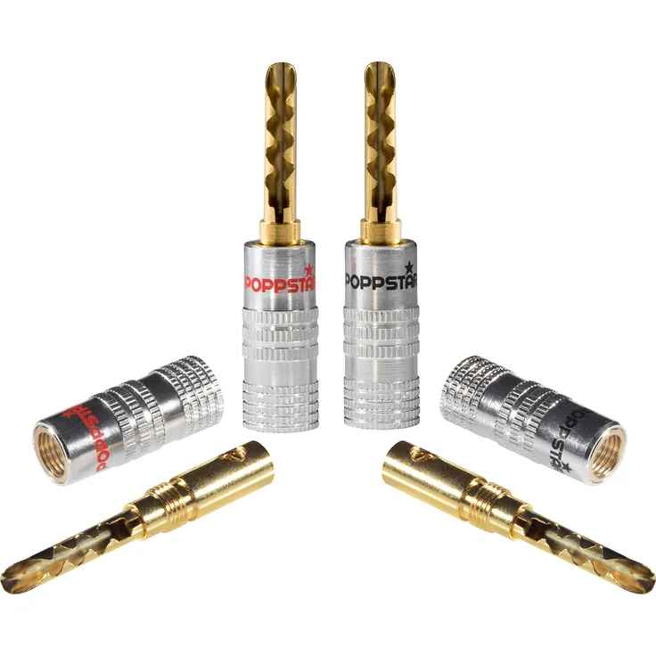 Poppstar 4x High End Hohl Bananenstecker, Bananas für Lautsprecherkabel (bis 6mm²), Lautsprecher, Receiver, 24k vergoldete Kontakte (2x schwarz, 2x rot)