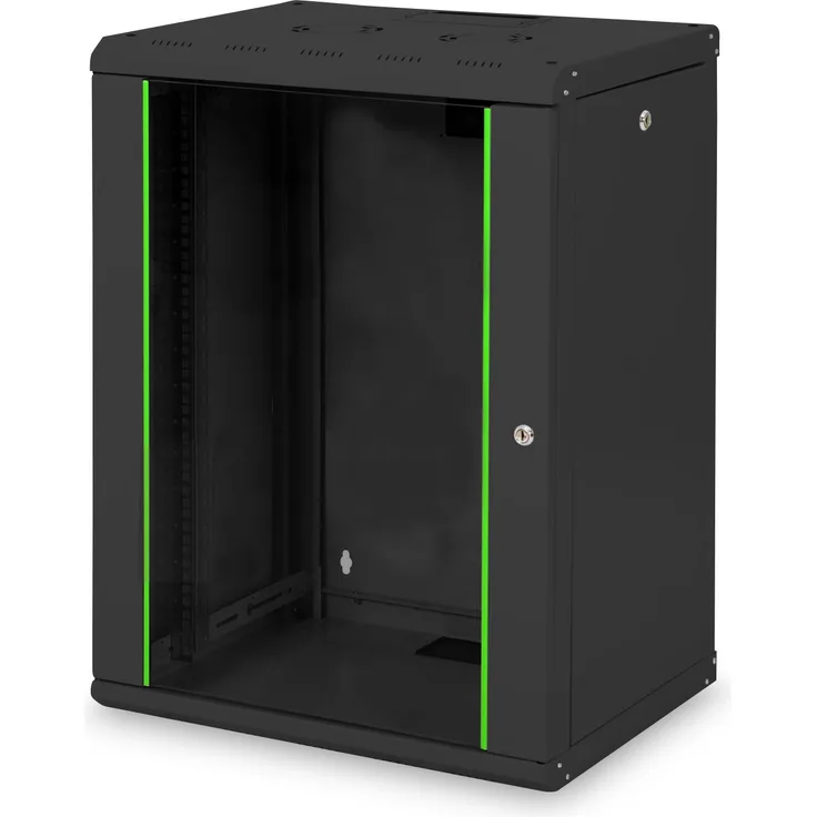 DIGITUS Netzwerk-Schrank 19 zoll 16 HE - Wandmontage - 450 mm Tiefe - Traglast 100 kg - Unique Serie - Glastür - Schwarz