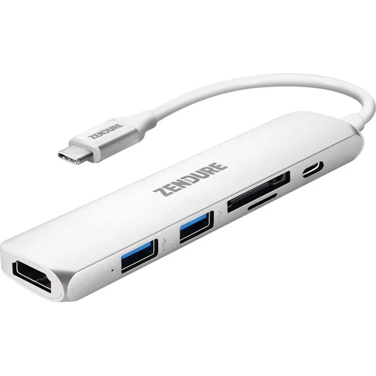 Zendure 6-in-1 Slim USB-C Charging Hub (Aluminium Adapter mit 4K USB-C auf HDMI, microSD-SD Kartenleser und 2 USB 3.0 Ports, kompatibel mit MacBook, iPad Pro, Chromebook, XPS und viele mehr), Silber