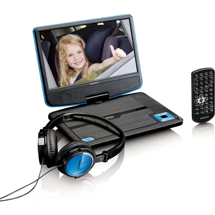 Lenco tragbarer DVD-Player DVP-910 9 Zoll (22,5 cm) mit drehbarem Display und Integriertem Akku (USB, AV-Ausgang), Netzadapter, Kopfhörer, schwarz/blau