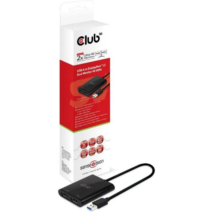Club3D USB A auf DisplayPort 1.2 Dual Monitor 4K 60H USB A Stecker auf 2X DisplayPort Buchse schwarz