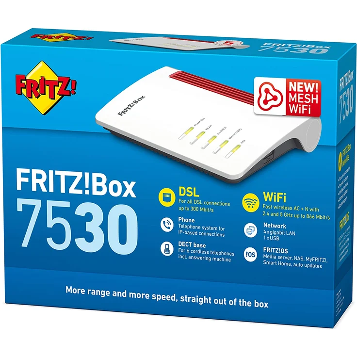 AVM FRITZ!Box 7530 High-End WLAN AC+N Router (DSL-VDSL, 866MBit-s (5GHz) und 400MBit-s (2,4GHz), bis zu 300Mbit-s durch VDSL-Supervectoring 35b, DECT-Basis, Media Server, internationale Version) – Bild 4