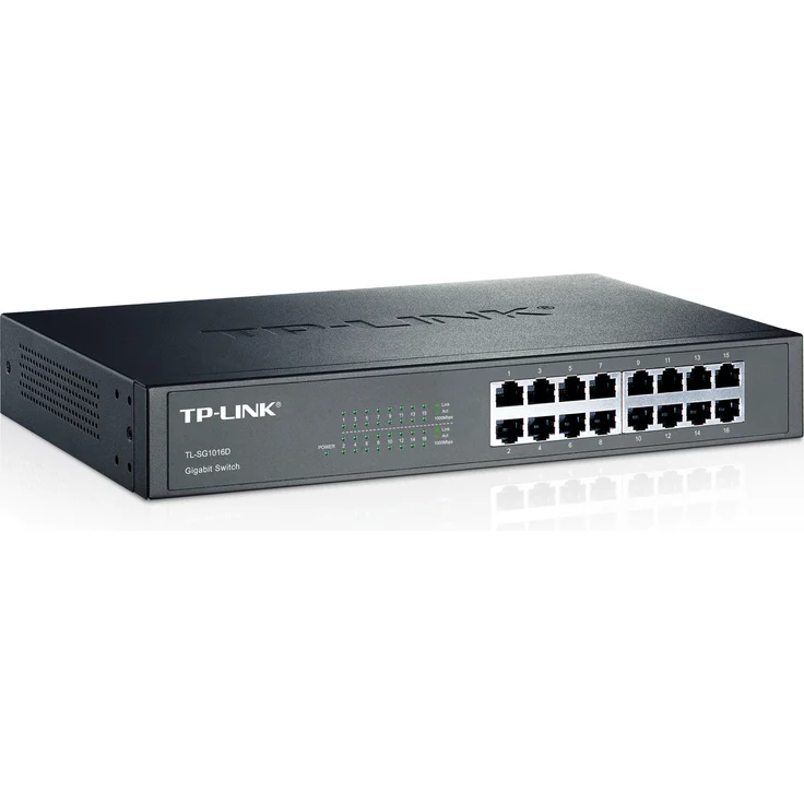 TP-Link TL-SG1016D 16-Port Gigabit--Netzwerk Switch (Rackmount, 32Gbit-s Switching-Kapazität, geschirmte RJ-45 Ports, Metallgehäuse, IGMP-Snooping, unmanaged, Plug-und-Play) schwarz – Bild 1