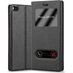 cadorabo Hülle für Huawei P8 in KOMETEN SCHWARZ - Handyhülle mit Magnetverschluss, Standfunktion und 2 Sichtfenstern - Case Cover Schutzhülle Etui Tasche Book Klapp Style