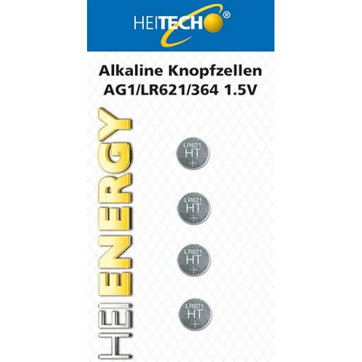 HEITECH 4er Pack AG1 Alkaline Knopfzellen Batterie 1,5V - LR60 - L621 - LR621 - SR60 - SR621 - SR621SW - 164-364 - Knopfbatterien auslaufsicher & mit Langer Haltbarkeit