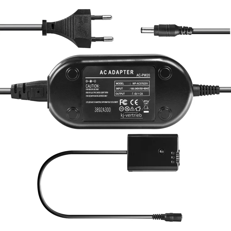 kj-vertrieb Netzteil mit Akkuadapter ersetzt AC-PW20 für Sony Alpha 3000, 5000, 6000, NEX-C3, NEX-6, NEX-5T, NEX-5K, Cybershot DSC-RX10 - 7,6V 2A