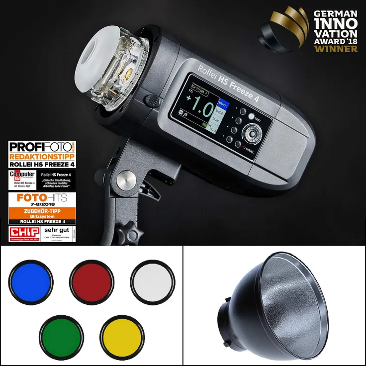 Rollei HS Freeze 4 Professioneller Studio-blitz mit starkem Foto Akku mit 400 WS Blitzlicht inkl. 45° Reflektor & 5 Farbfolien