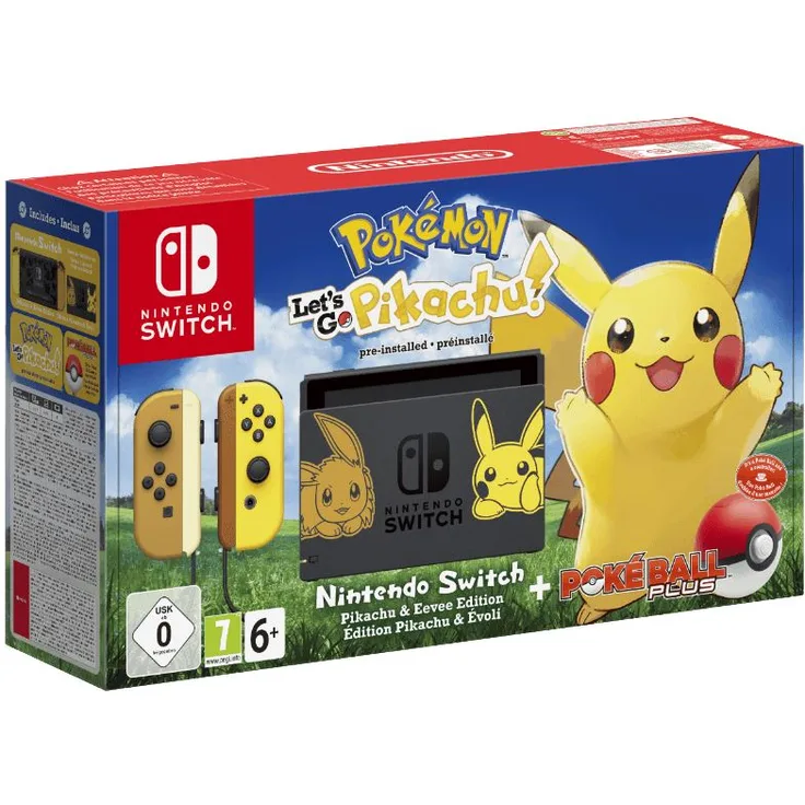 Nintendo Switch V1 Pokémon Let's Go Edition Braun Gelb 32GB Bundle inkl. Pokémon Let's Go: Pikachu + Pokéball Plus (altes Modell)